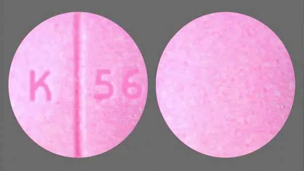 Pink oxycodone pills are pink, round, and scored. The letter K is imprinted on one side of the score, and the number 56 is imprinted on the other side of the score. That’s why the pills are sometimes called “K 56 pills.”