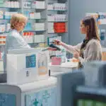 A woman stands at a pharmacy counter paying for her prescription - Ritalin Prices Street Costs vs Prescription Costs