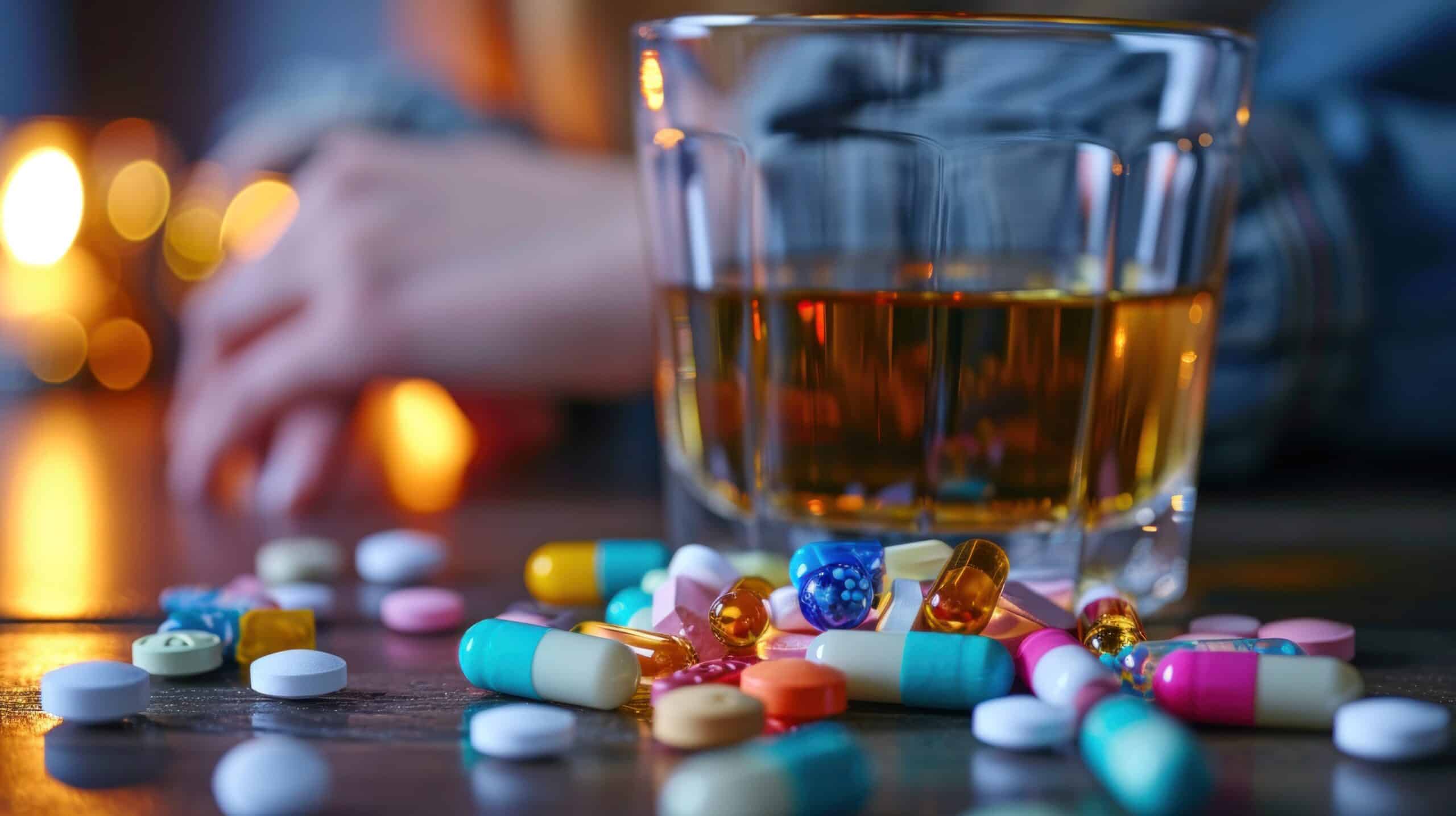 A glass of liquor surrounded by pills and capsules - 5 Signs Your Loved One Is Self-Medicating With Drugs & Alcohol