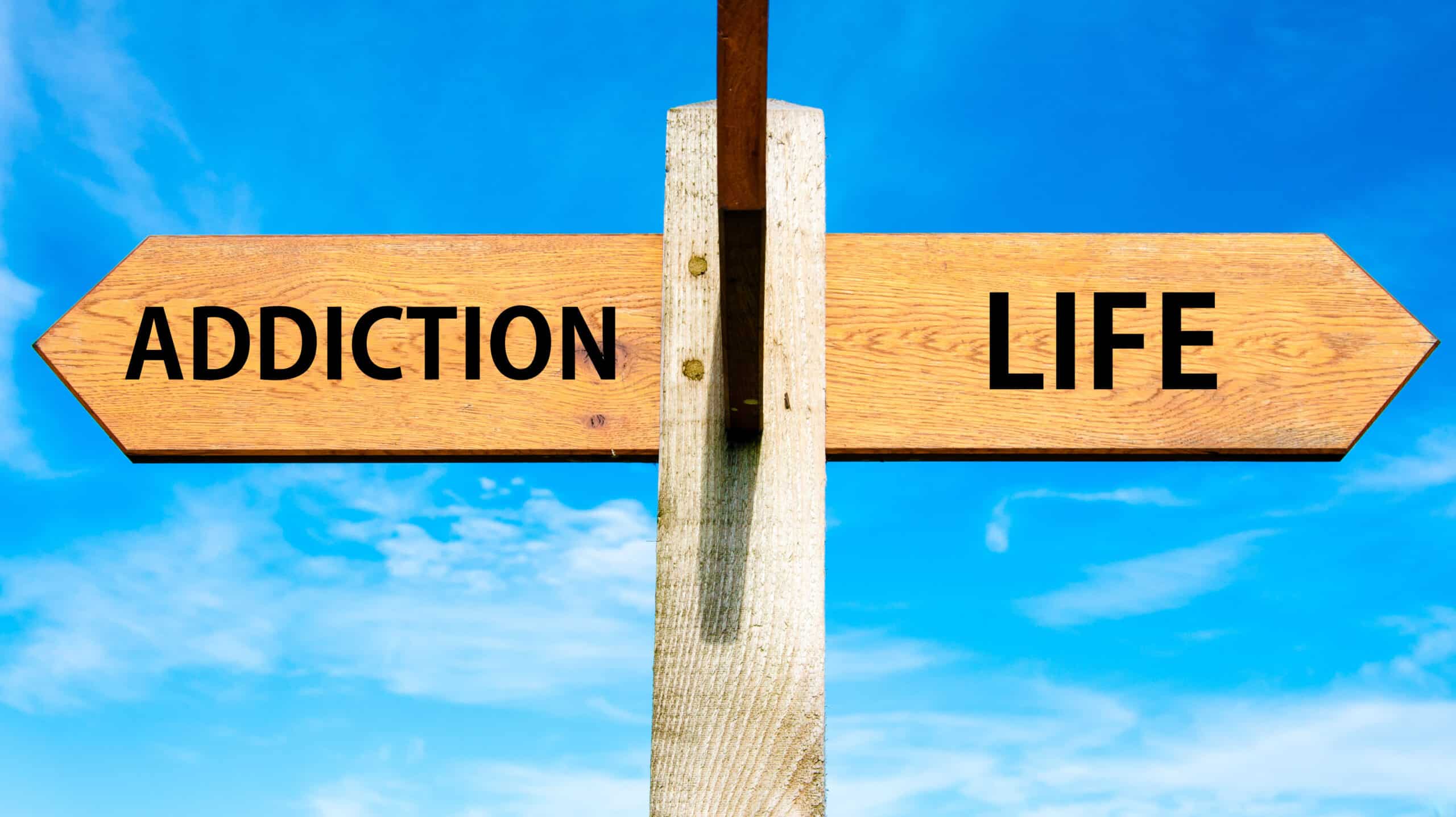 A directional sign with arrows pointing opposite directions. One reads "Addiction" and one "Life" - Does Addiction Ever Go Away