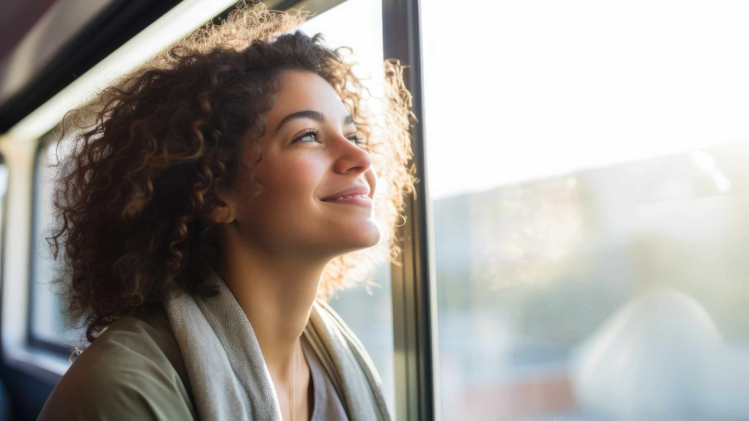 A woman riding a bus smiles out the window - How To Show Gratitude In Early Recovery & Beyond